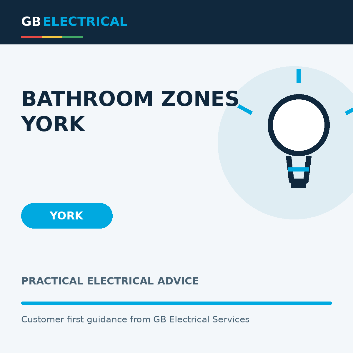 Branded flat-vector graphic with a light bulb for Bathroom Zones York, labelled York.