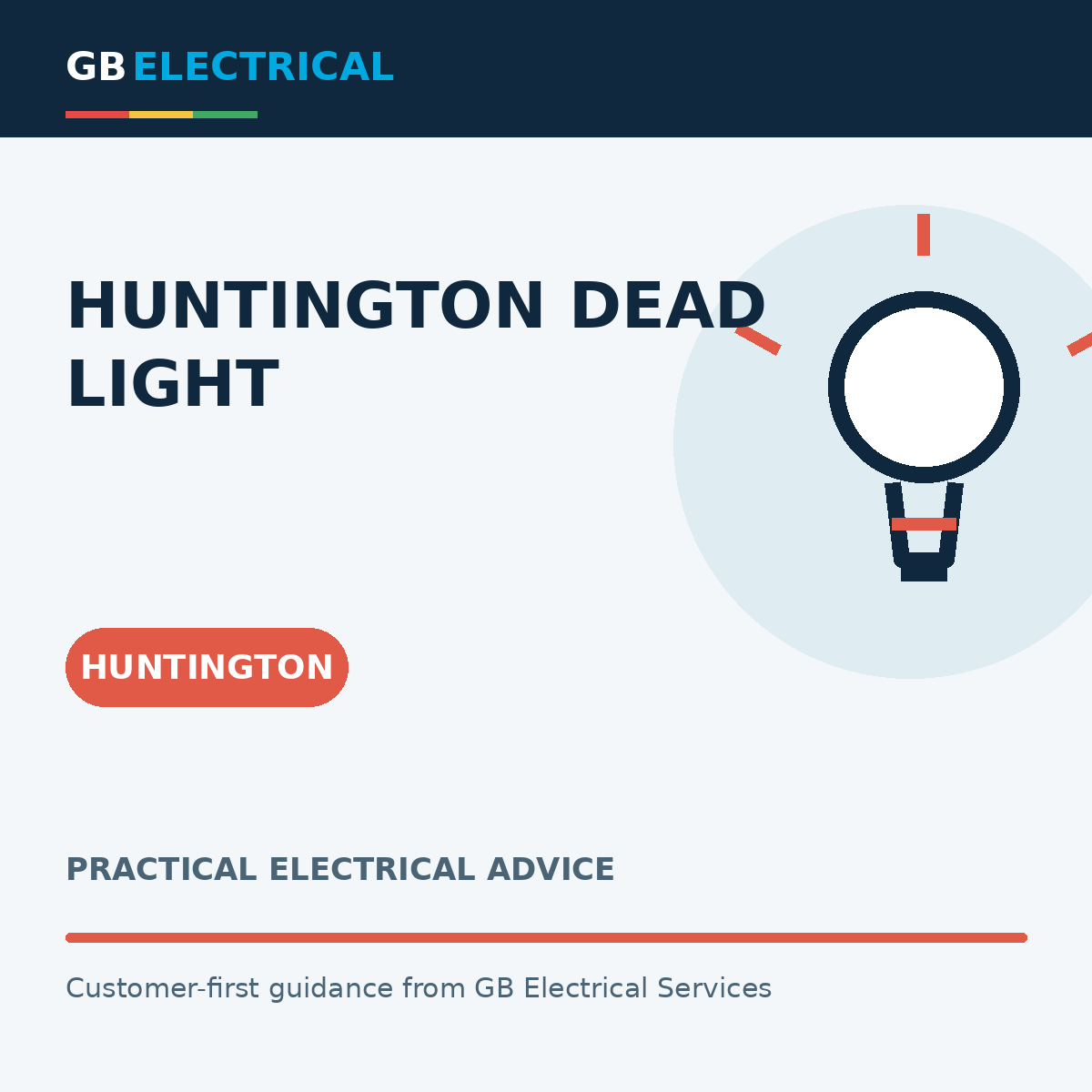 Branded flat-vector graphic with a light bulb for Huntington Dead Light, labelled Huntington.