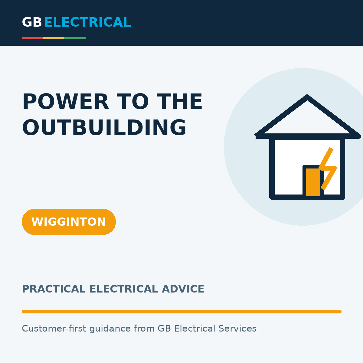 Branded flat-vector graphic with a house outline with a highlighted cable route for Power To The Outbuilding, labelled Wigginton.
