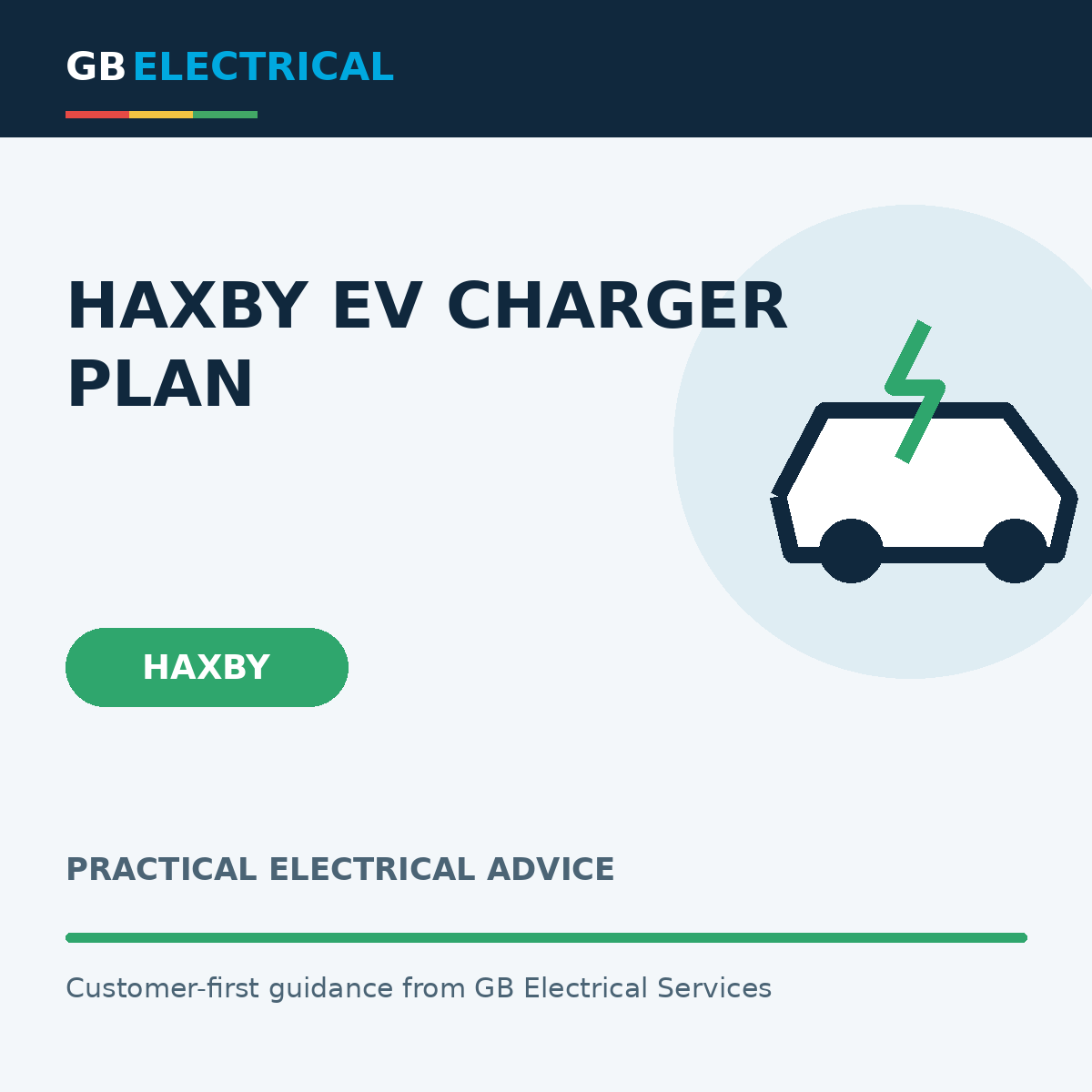 Branded flat-vector graphic with a electric car with charging bolt for Haxby EV Charger Plan, labelled Haxby.