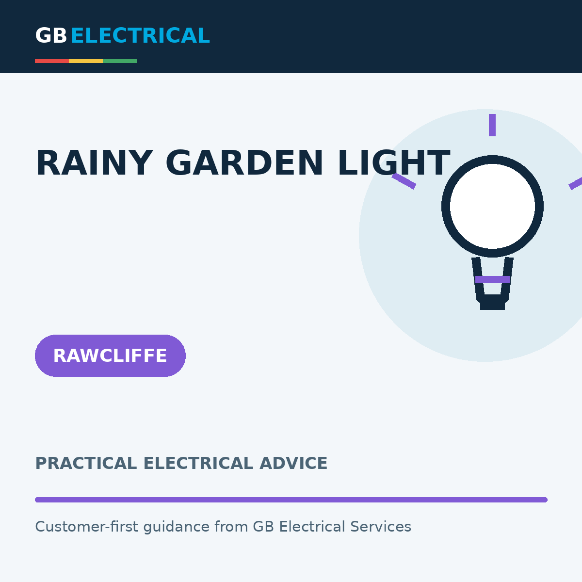 Branded flat-vector graphic with a light bulb for Rainy Garden Light, labelled Rawcliffe.
