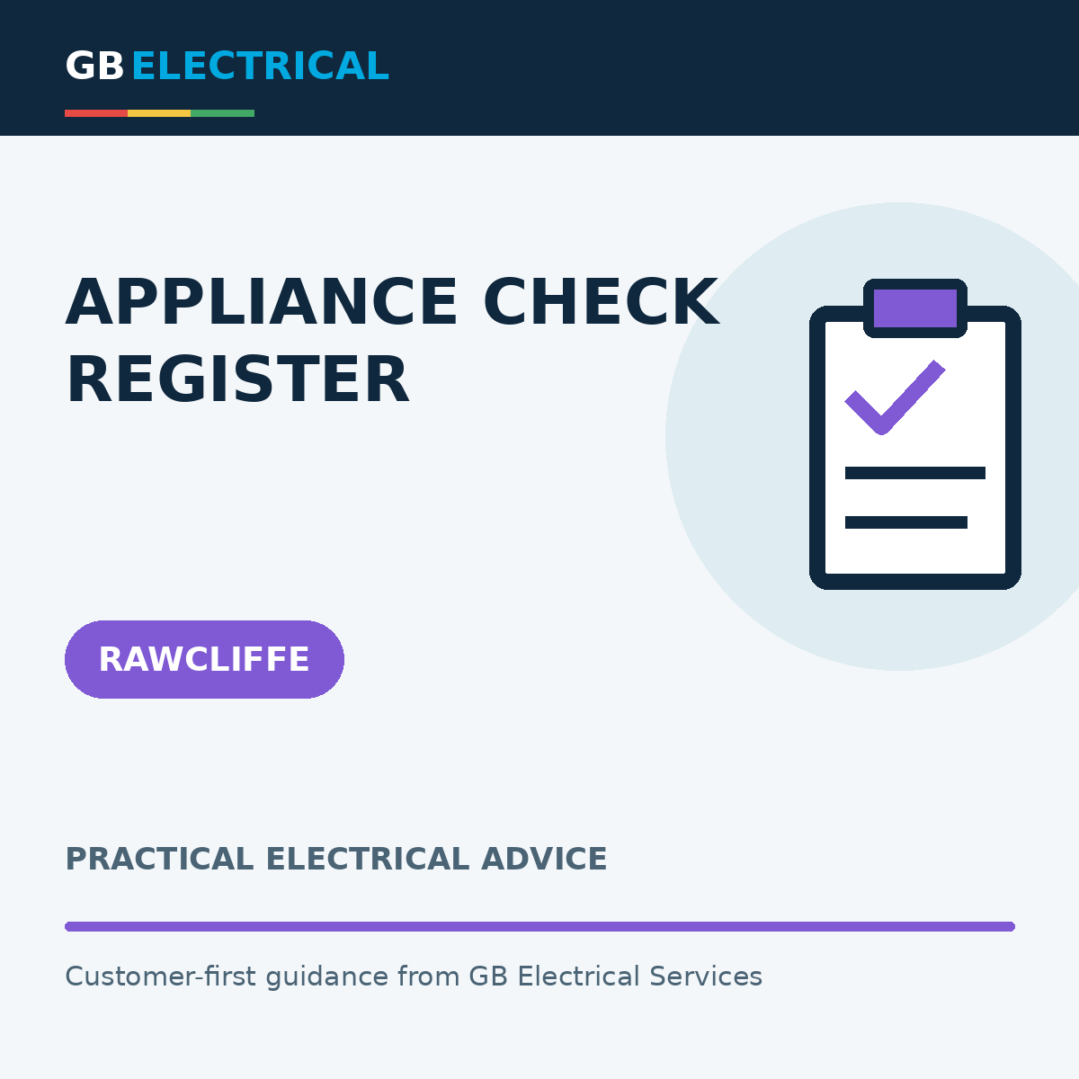 Branded flat-vector graphic with a inspection clipboard for Appliance Check Register, labelled Rawcliffe.