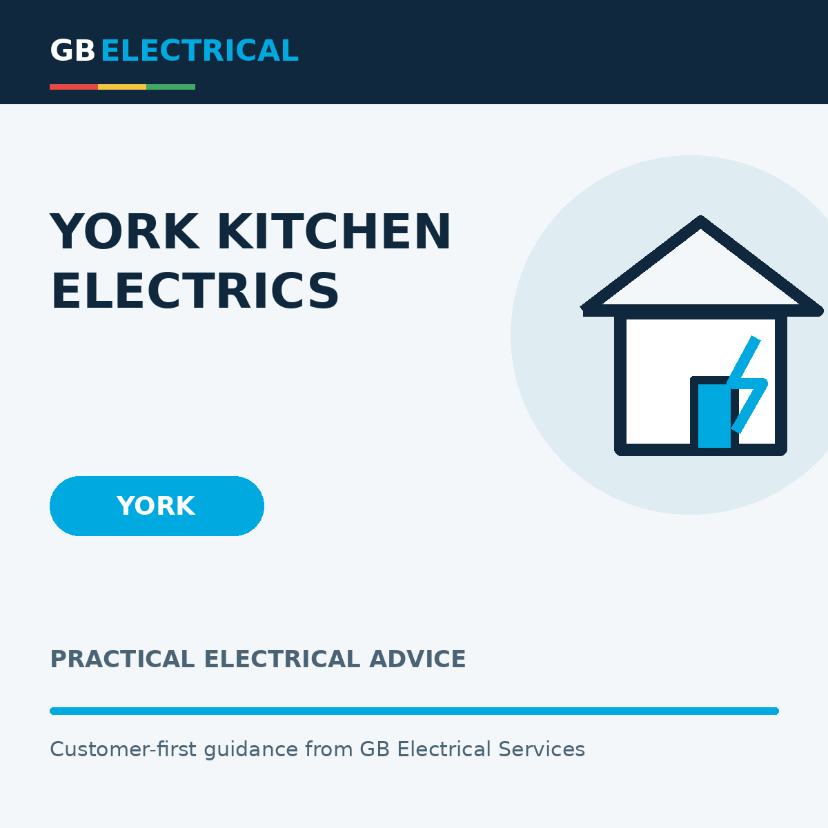 Branded flat-vector graphic with a house outline with a highlighted cable route for York Kitchen Electrics, labelled York.