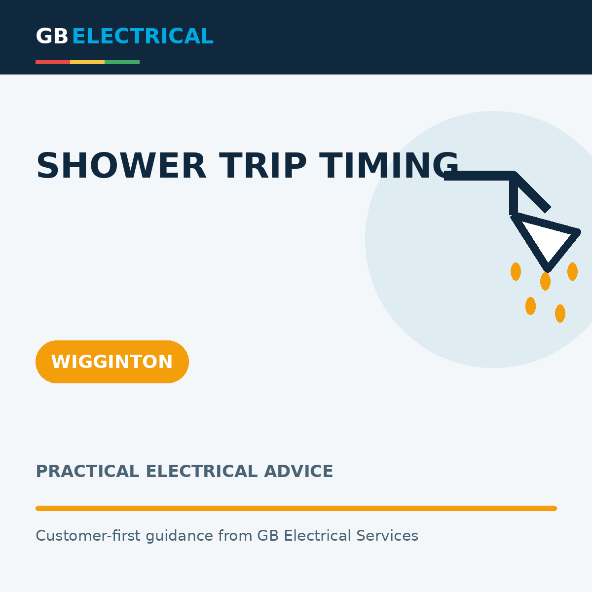 Branded flat-vector graphic with a electric shower head and water drops for Shower Trip Timing, labelled Wigginton.